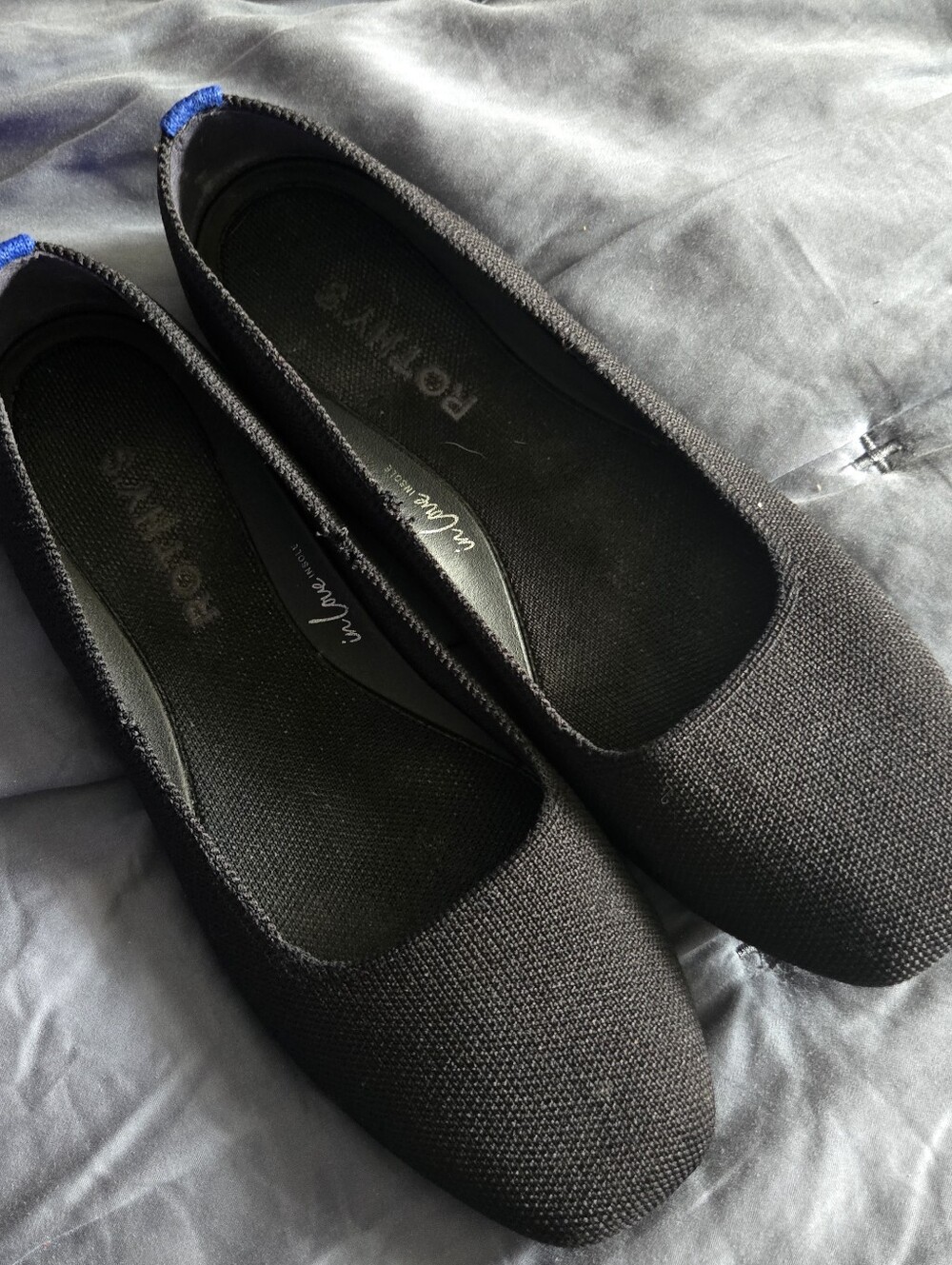 Rothy's Black Knit Max Square  Ballet Flats with Blue Heel Tab Sz 7.5